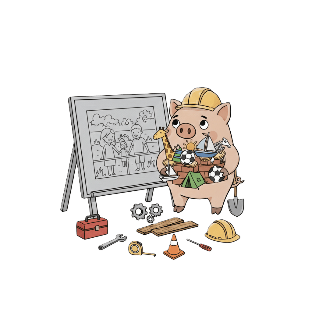 Fundy the pig building the Fundayo site, surrounded by tools and toys